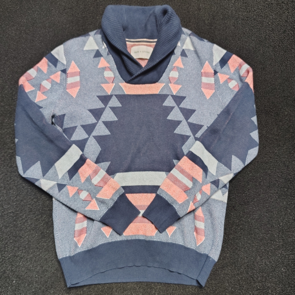 Sun Stone Blue Shawl Collar Pullover Aztec Southwestern Sweater Men's Size Small